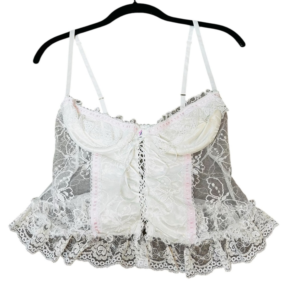 Frederick’s Of Hollywood Vintage 80s White Lace Corset Cami Top Ruffles Renfaire